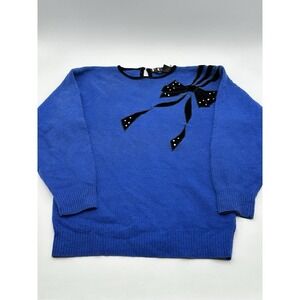 Vintage P.G.E Angora Cardigan‎ Sweater Womens Small Blue Beads Lambswool Bow